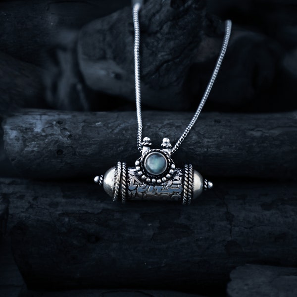 Labradorite Prayer Box Pendant | Ethnic Brass Amulet with Chain