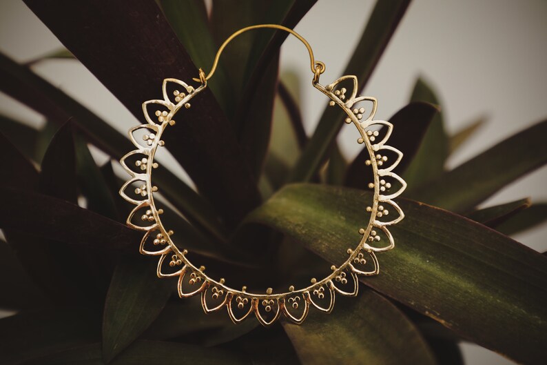 May include: A gold hoop earring with a delicate, intricate design featuring small, rounded accents. The earring is set against a backdrop of green foliage.