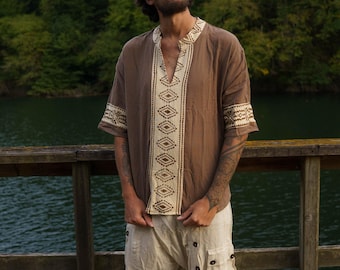 The Dune Nomad Shirt, Men’s Boho Raw Cotton Shirt, Hand Block Printed Ethnic Top, Festival Hippie Clothing, Casual Tribal Style Summer Wear
