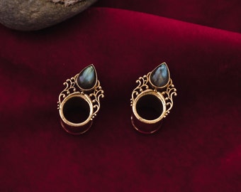 Labradorite Brass Mandala Ear Plugs | Gauge Jewelry (Sold Individually)