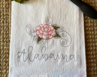 Alabama Tea Towel, State Flower Kitchen Towel, Camellia Flour Sack Towel,  Alabama Flower Dish Towel, Hostess Gift, State Housewarming Gift