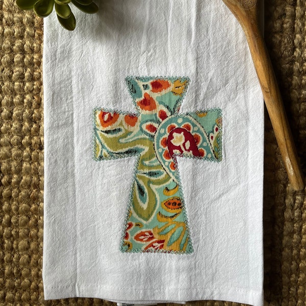 Cross Tea Towel, Religious Kitchen Towel, Flour Sack Towel, Cross Appliqued Dish Towel, Housewarming Gift, Hostess Gift