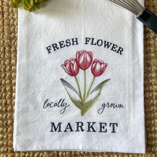 Flower Tea Towel, Tulip Kitchen Towel, Embroidered Dish Towel, Flour Sack Towel, Spring Flower Towel, Gardening Gift, Hostess Gift