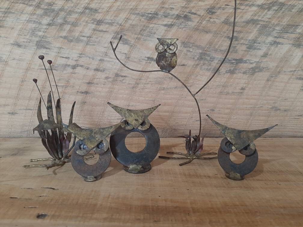 Set/lot of 5 Metal Art Owl Figurines 1970s Scrap Metal Art Etsy