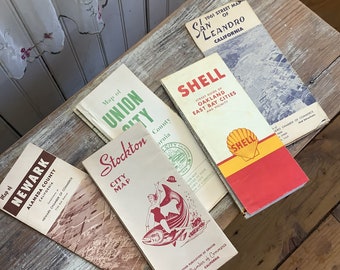 Set of 5 Vintage (Shell and Chamber of Commerce) San Leandro & Stockon, Newark and East Bay Cities maps 1960-70s- old maps from California