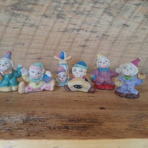 Set/Lot of 6 Tiny, Vintage, Porcelain Circus Clowns- 3 inches tall- CWII Made in China- Early 1990s- Hand painted