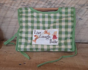 Vintage Cloth Lunch Bag or Baked Goods Carrier- Live, Laugh, Bake- Quilted Green Check Lunch Pail or Snack/Bread Bag- Picnic bag- 1980s-90s