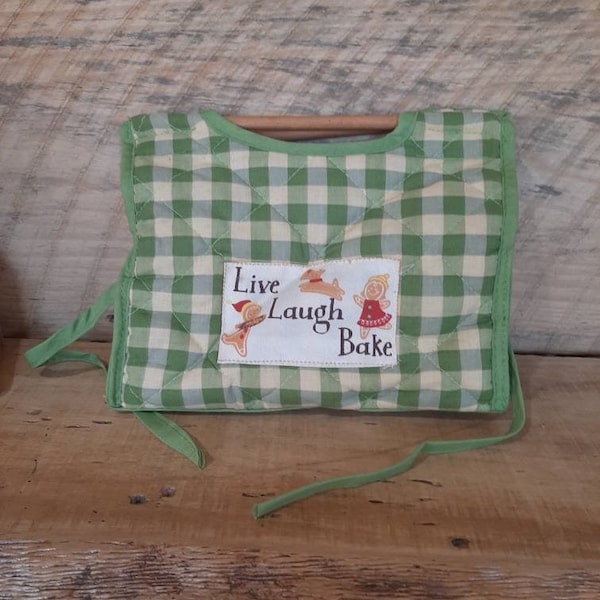 Vintage Cloth Lunch Bag or Baked Goods Carrier- Live, Laugh, Bake- Quilted Green Check Lunch Pail or Snack/Bread Bag- Picnic bag- 1980s-90s