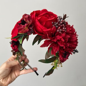 Couronne de fleurs rouges, serre-tête à fleurs Frida, casque du jour des morts, jour des morts, couronne de fleurs, bandeau, couronne de fleurs