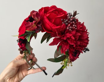 Red Flower Crown,Frida flower headband Day of the Dead Headpiece,Day of the Dead, Flower Crown, Headband, Floral Crown