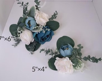 Adorno para tarta de bodas con rosas azules: arreglo floral de tela para tarta