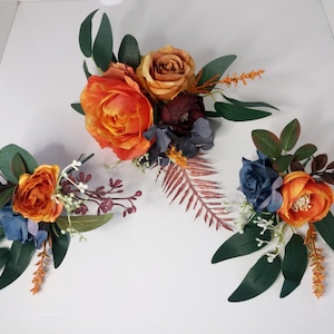 Orange rust navy blue floral cake topper, Wedding Cake Decoration,Rose cake flowers, Wedding floral cake arrangement