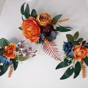 Orange rust navy blue floral cake topper, Wedding Cake Decoration,Rose cake flowers, Wedding floral cake arrangement
