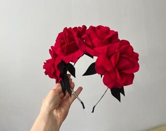 Red Flower Crown,Frida flower headband Day of the Dead Headpiece,Day of the Dead, Flower Crown, Headband, Floral Crown