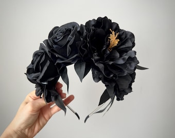 Black Flower Crown,Frida flower headband Halloween flower headpiece  Day of the Dead Headpiece Gothic headband