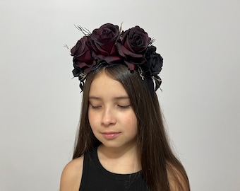 Black Mexican Flower Crown,Frida flower headband,Day of the Dead Headpiece,Day of the Dead Halloween crown
