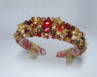 Red Gold crystal crown,Rhinestones crown,  Baroque headband, Gold red tiars,Bridesmaid crown,Emerald bridal tiara,Crystal Pearls tiara