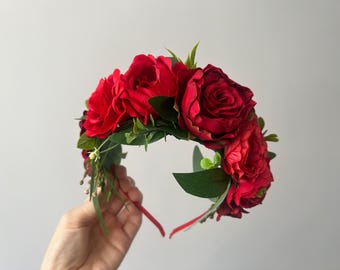 Red Flower Crown,Frida flower headband Day of the Dead Headpiece,Day of the Dead, Flower Crown, Headband, Floral Crown