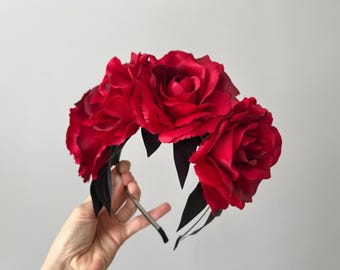 Red Flower Crown,Frida flower headband Day of the Dead Headpiece,Day of the Dead, Flower Crown, Headband, Floral Crown