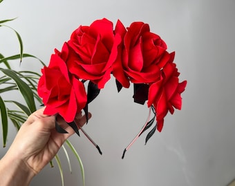 Red Flower Crown,Frida flower headband Day of the Dead Headpiece,Day of the Dead, Flower Crown, Headband, Floral Crown