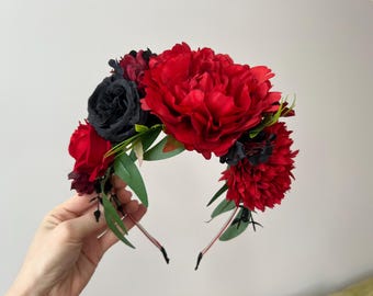 Red Flower Crown,Frida flower headband Day of the Dead Headpiece,Day of the Dead, Flower Crown, Headband, Floral Crown