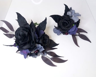 Black purple flower cake topper,Flower cake topper, Wedding Cake Decoration,Rose cake flowers, Eucalyptus wedding cake arrangement