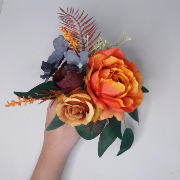 Orange rust navy blue floral cake topper, Wedding Cake Decoration,Rose cake flowers, Wedding floral cake arrangement