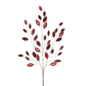 Pode incluir: Um ramo decorativo com hastes metálicas finas e numerosos cristais facetados de cor vermelho-profundo em forma de folha. A estrutura é simétrica, com as folhas de cristal vermelho presas a fios finos que partem de uma haste central.