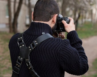 Harnais double pour appareil photo - Dragonne en cuir - Personnalisation gratuite - Cadeau photographe