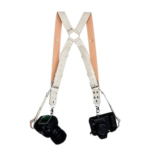 Two dual camera harness. Kit leather camera straps Beż