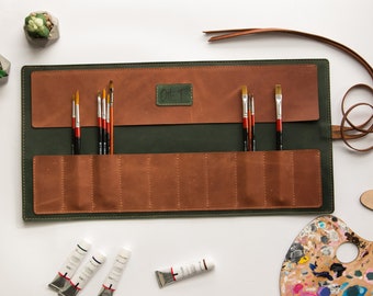 Leather artist roll - Personalized paint brush roll - Paint brush holder - artisan custom gift for her - Paint brush handmade case