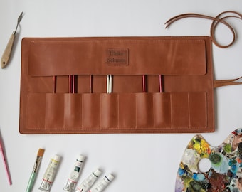 Leather artist roll - Personalized paint brush roll - Paint brush holder - artisan custom gift for her - Paint brush handmade case