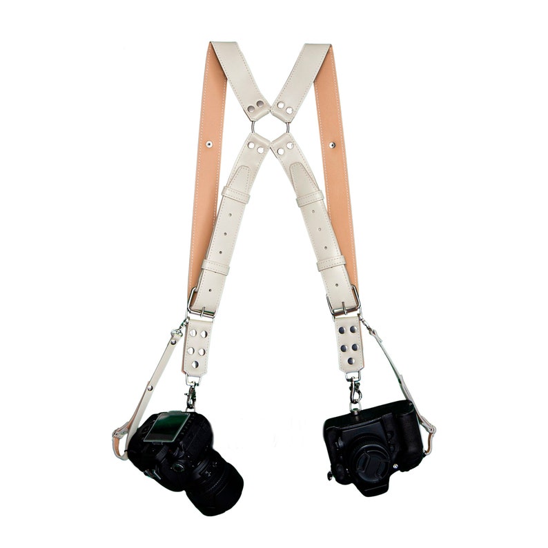 Two dual camera harness. Kit leather camera straps Beige