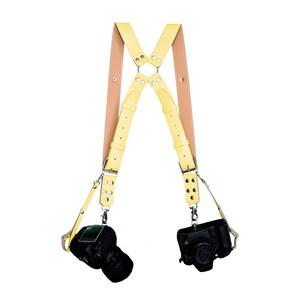 Two dual camera harness. Kit leather camera straps Yellow