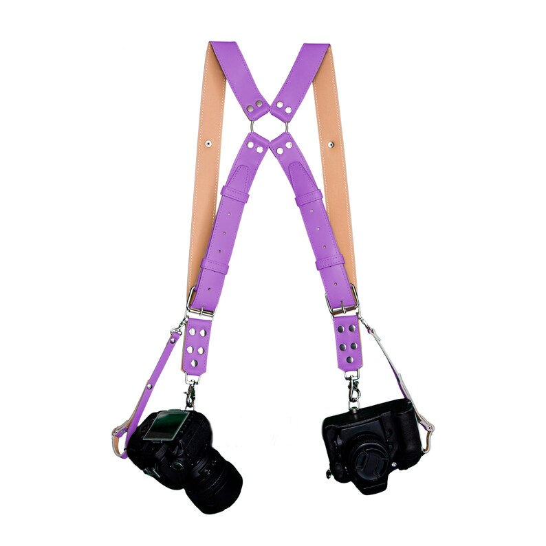 Two dual camera harness. Kit leather camera straps Purple