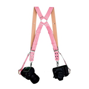 Two dual camera harness. Kit leather camera straps Pink