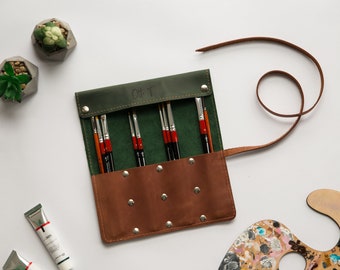 Leather artist roll - Personalized paint brush roll - Paint brush holder - artisan custom gift for her - Paint brush handmade case