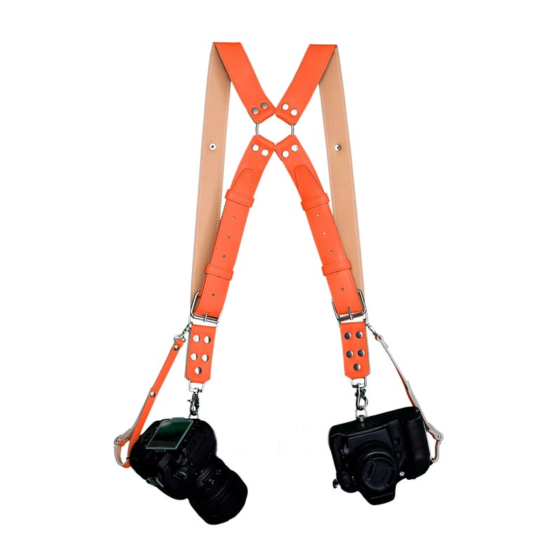 Two dual camera harness. Kit leather camera straps Orange