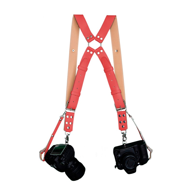 Two dual camera harness. Kit leather camera straps Red