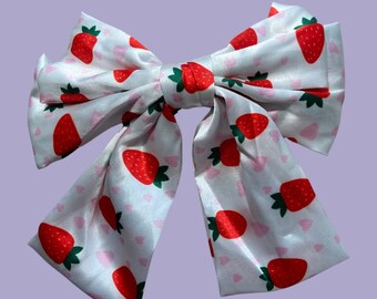 Coquette Style Oversized Strawberry Satin Bow French Barrette