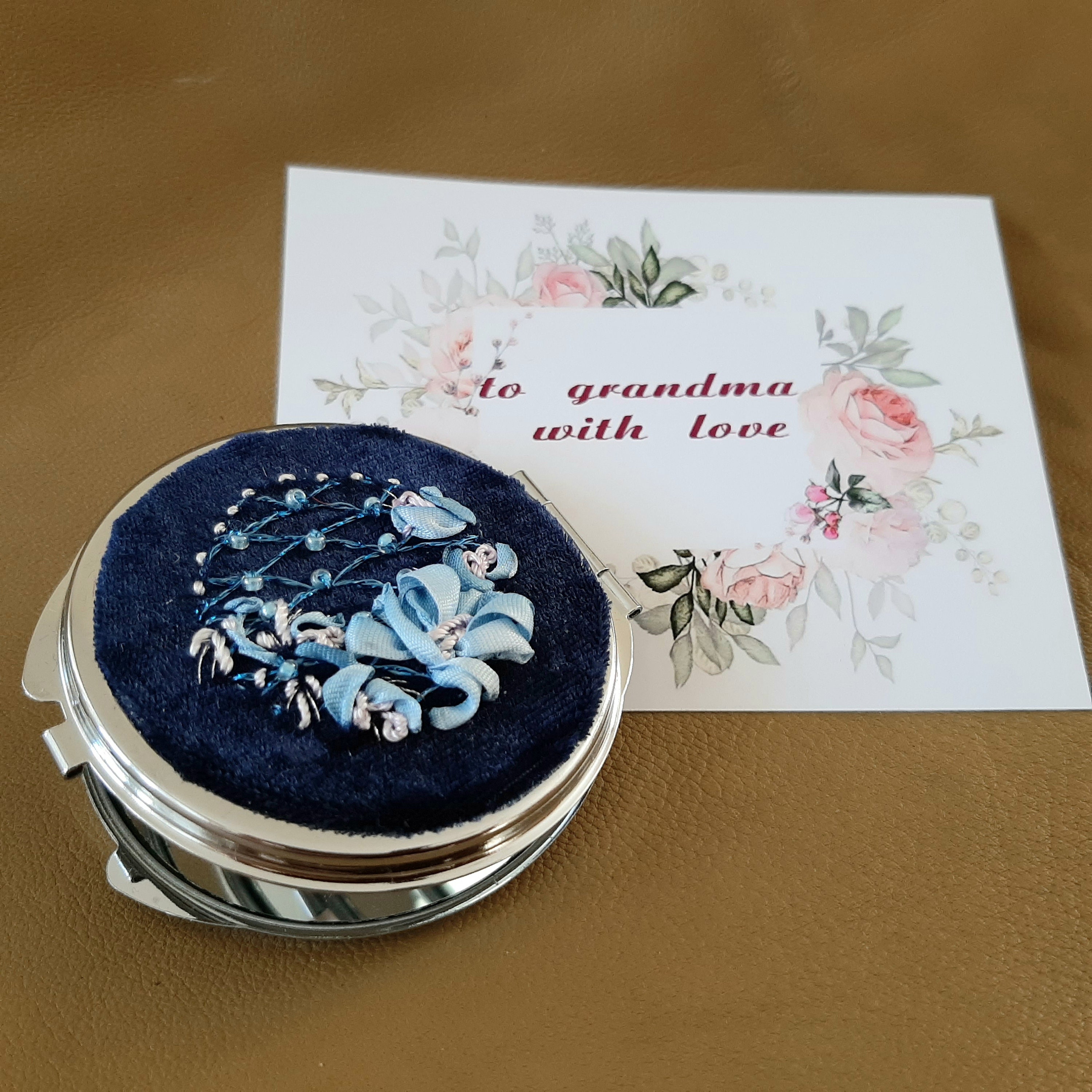 Finished embroidery compact mirror Floral pocket mirror Etsy