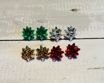 Christmas Bow Stud Earrings, Holiday Present Earrings