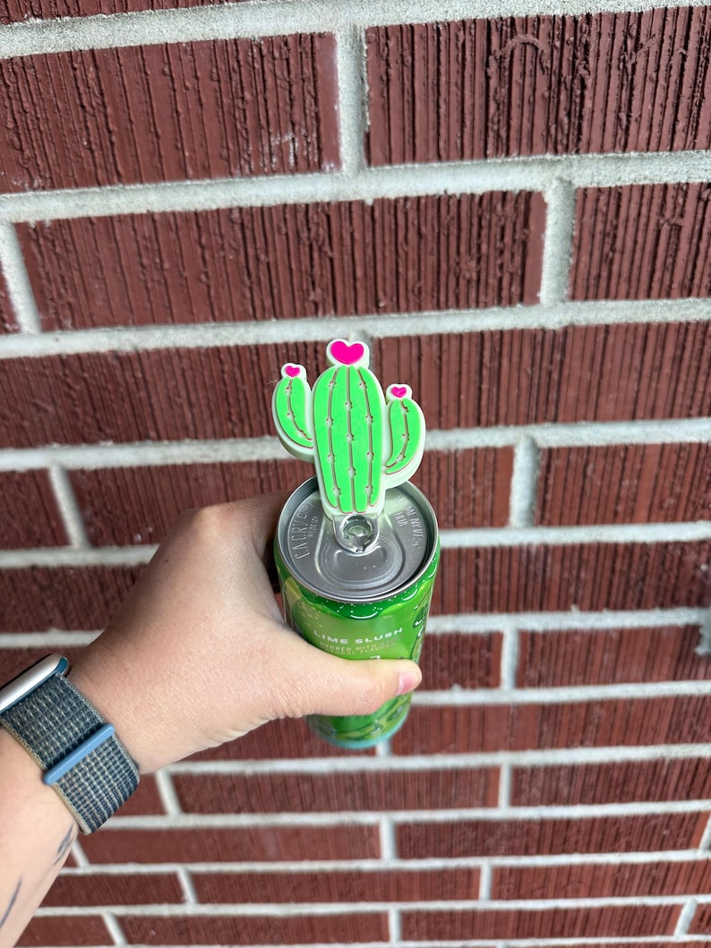 May include: A green cactus-shaped can topper with pink heart accents is placed on top of a green can. The can is held in a person's hand. The background is a red brick wall.