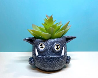 Adorable Hand Painted Planter Pot With Drainage Holes - Yellow Spot-Eye Grump - Malevolum Ollam - Ideal for Succulents and Air Plants