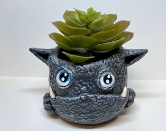 Cute Hand Painted Planter Pot - Ideal for Succulents and Air Plants - Blue Spot-Eye Grump - Malevolum Ollam