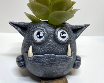 Cute Hand Painted Planter Pot With Drainage Holes - Ideal for Succulents and Air Plants - Blue Spot-Eye Grump - Malevolum Ollam