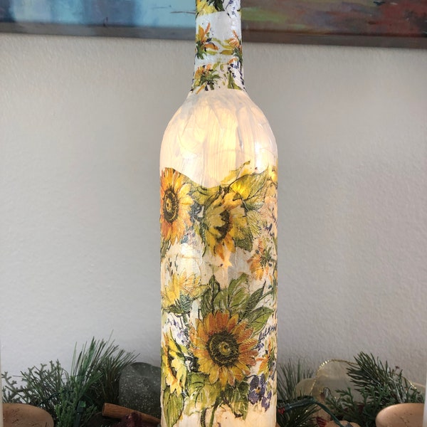 Sunshine Sunflowers on a Bottle by Michele Volpe - decoupaged Wine Bottle