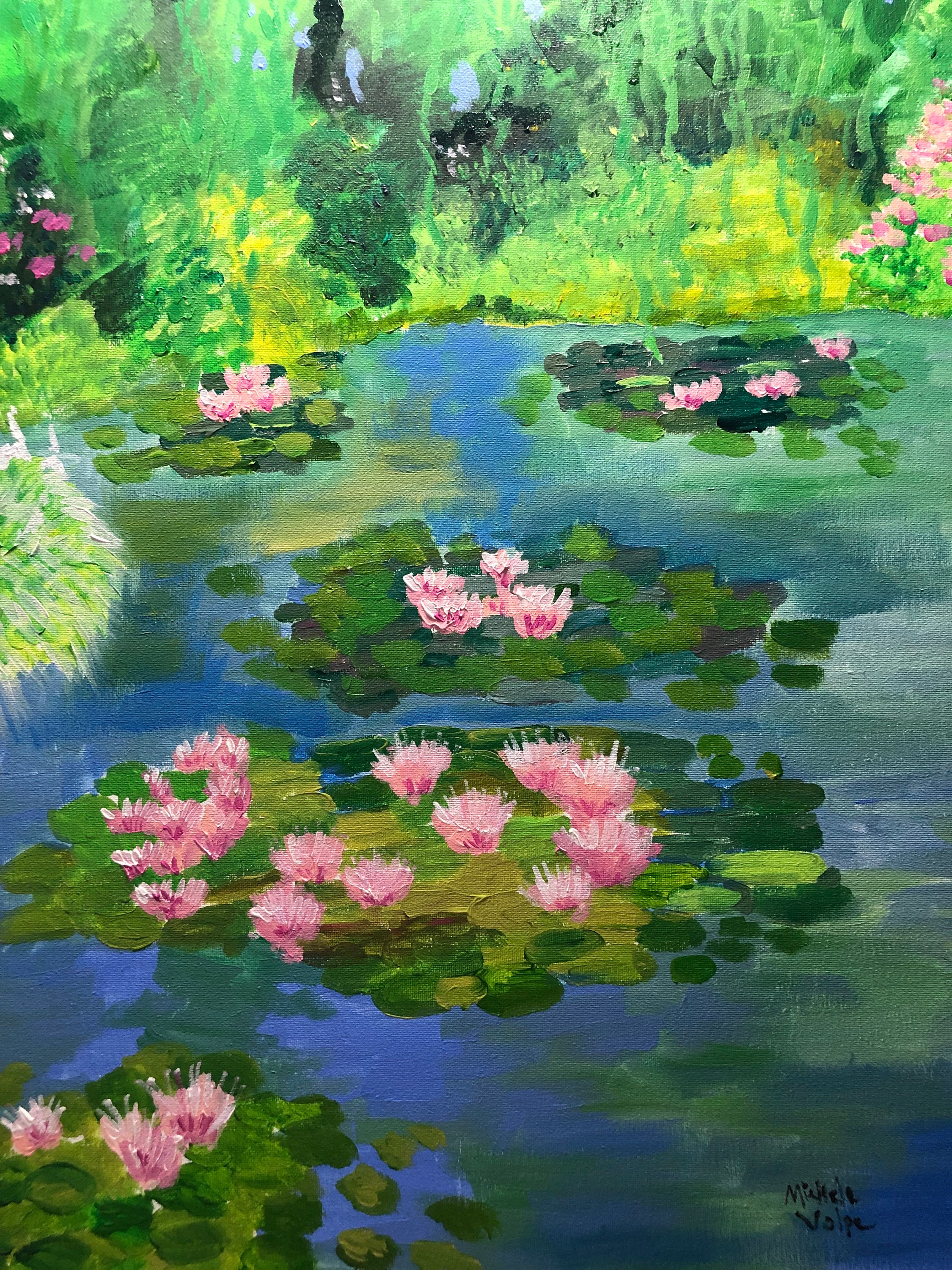 Green Waterlily Pond Artist Gouache On Canvas Board 5x7 inches