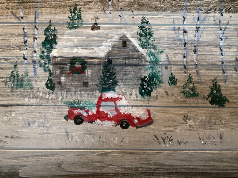 Bringing Home the Christmas Tree by Michele Volpe on a 26 12 inch by 14 12 inch wood pallet panel painted with acrylic paints