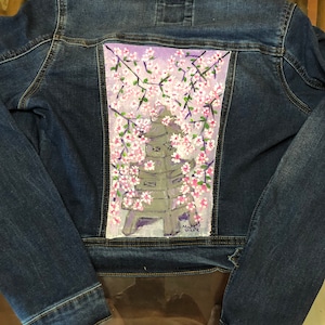 Cherry Blossoms with Japanese Pagoda by Michele Volpe painted on a Denim Jacket, Women&#39;s size Small